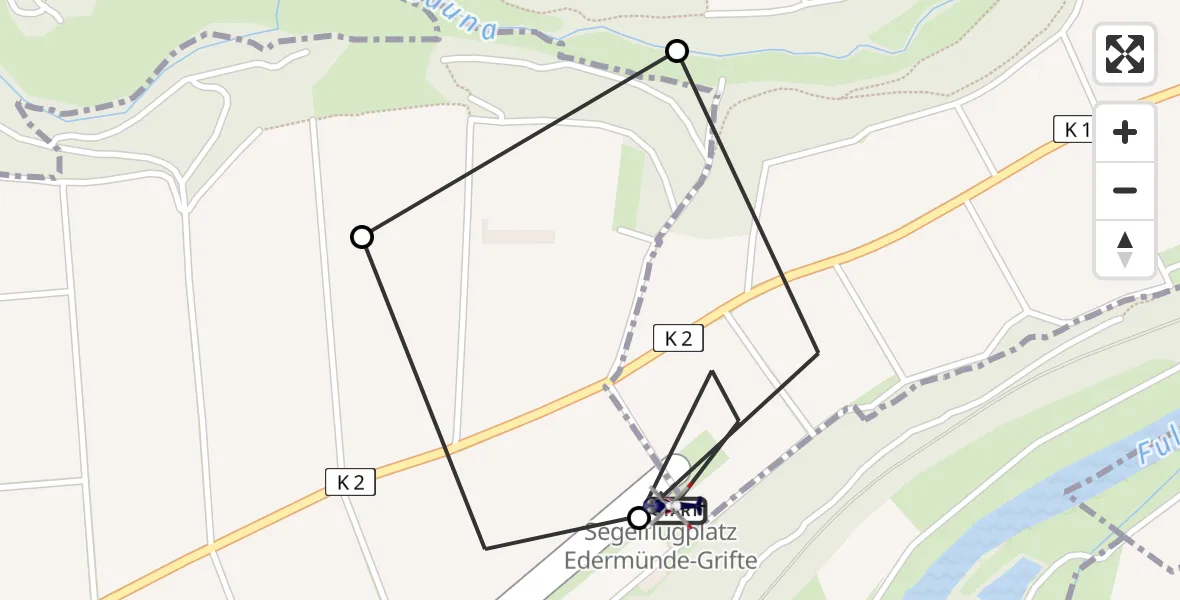 Flugroute Polizeihubschrauber Edermünde-Grifte Flugplatz - Edermünde-Grifte Flugplatz, 25 März 2026, 09:43