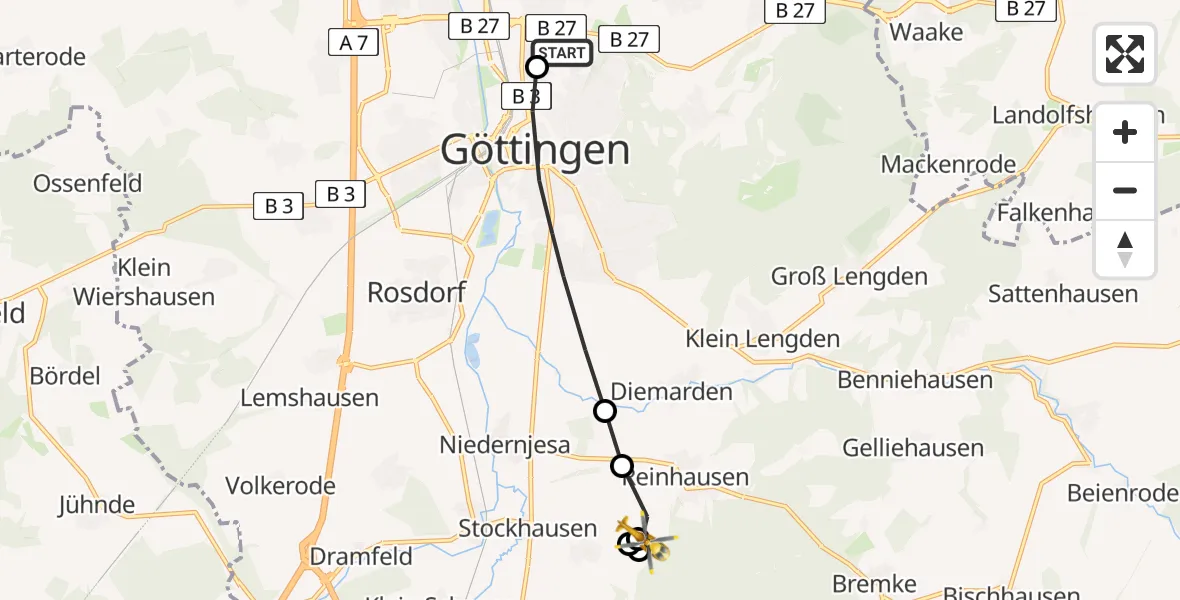 Flugroute Rettungshubschrauber Göttingen University Clinic Hubschrauberlandeplatz - Ballenhausen, 25 März 2026, 10:04