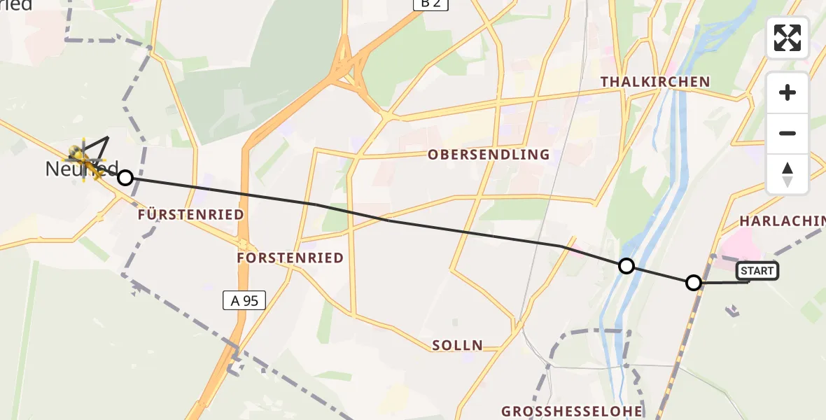Flugroute Rettungshubschrauber ADAC Air Rescue Center Hubschrauberlandeplatz (Christoph 1) - Neuried, 25 März 2026, 10:06