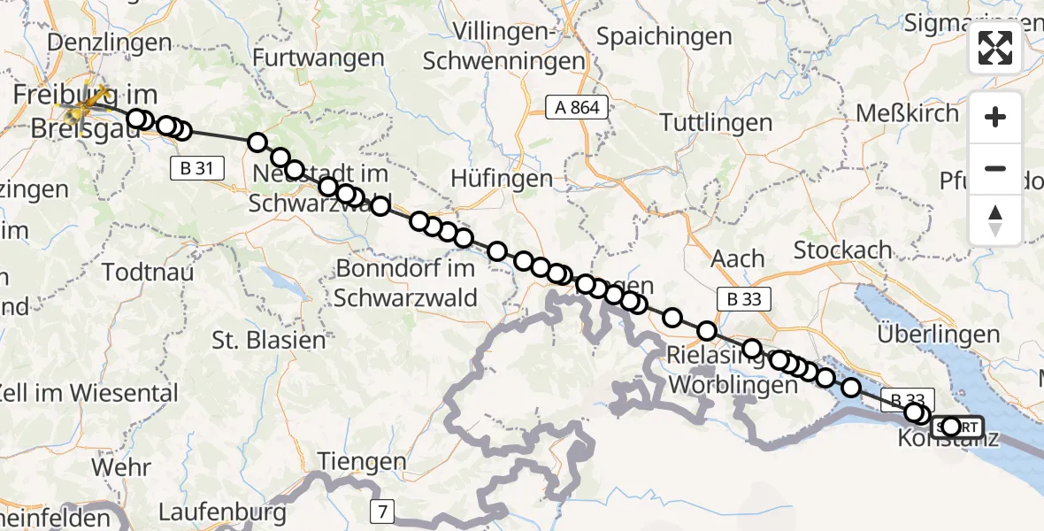Flugroute Ambulanzhubschrauber Konstanz Hospital - Freiburg im Breisgau, 25 März 2026, 10:14