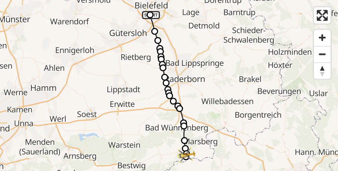 Flugroute Rettungshubschrauber Luftrettungszentrum Bielefeld - Padberg, 25 März 2026, 10:22