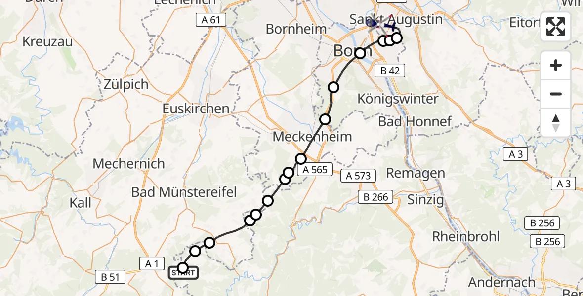 Routekaart van de vlucht: Polizeihubschrauber nach Bonn-Hangelar Flugplatz