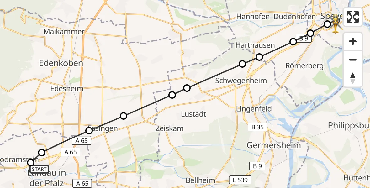 Routekaart van de vlucht: Rettungshubschrauber nach Speyer, Paul-Egell-Straße