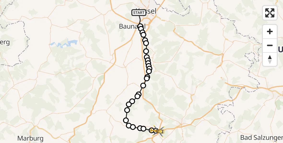 Flugroute Rettungshubschrauber Kassel - Kirchheim, 25 März 2026, 10:40