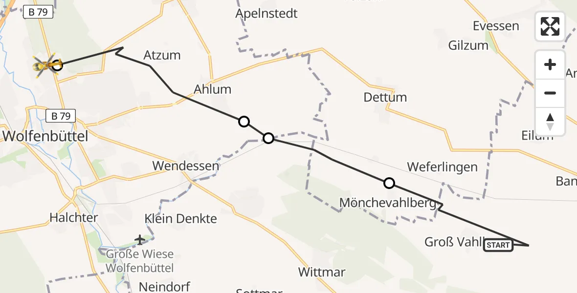 Flugroute Rettungshubschrauber Groß Vahlberg - Wolfenbüttel Municipal Hospital Heliport (Christoph 30), 25 März 2026, 10:40
