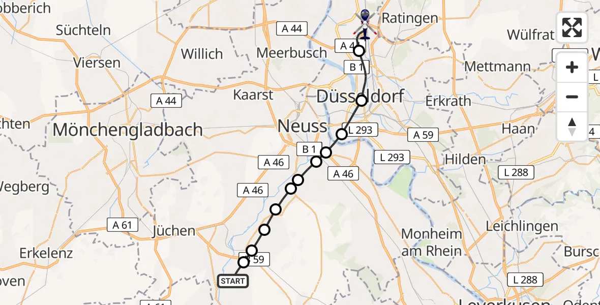 Routekaart van de vlucht: Polizeihubschrauber nach Düsseldorf Flughafen
