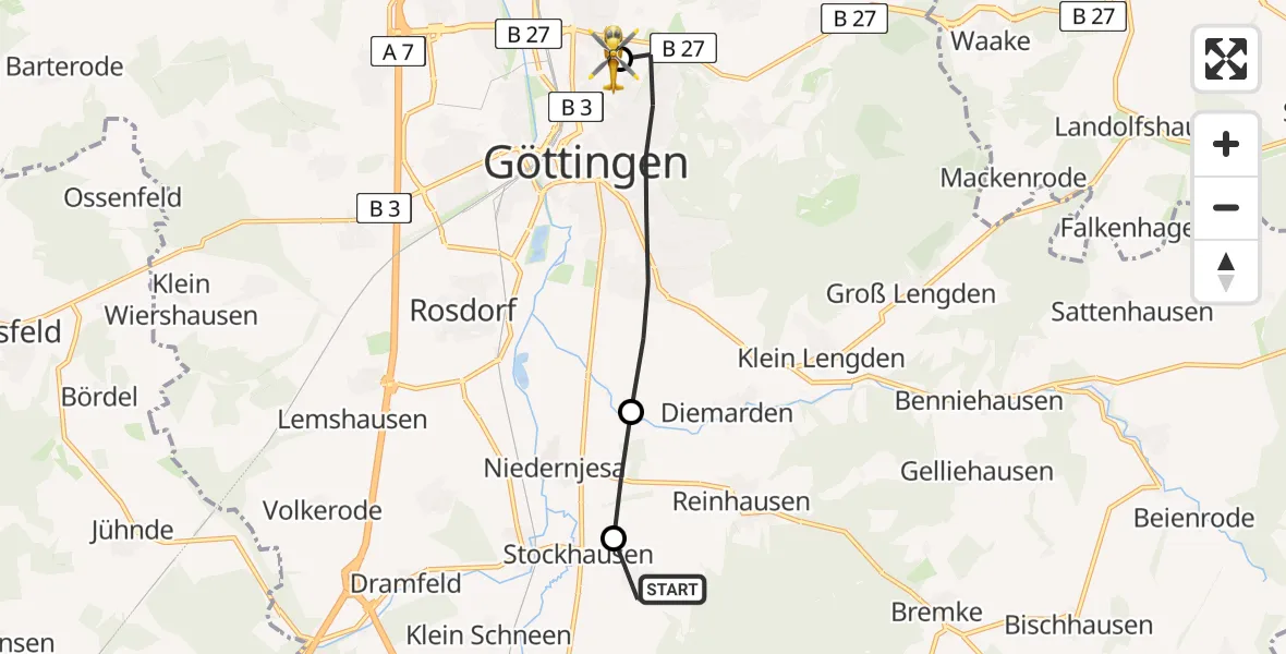 Flugroute Rettungshubschrauber Ballenhausen - Göttingen University Clinic Hubschrauberlandeplatz, 25 März 2026, 10:45