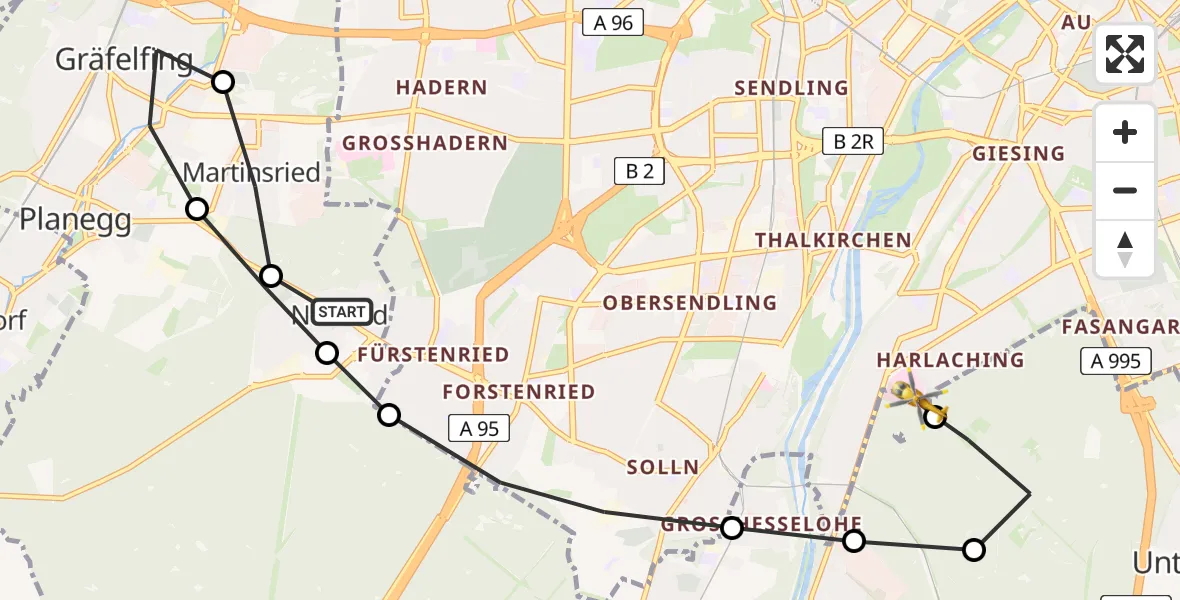 Routekaart van de vlucht: Rettungshubschrauber nach ADAC Air Rescue Center Hubschrauberlandeplatz (Christoph 1)