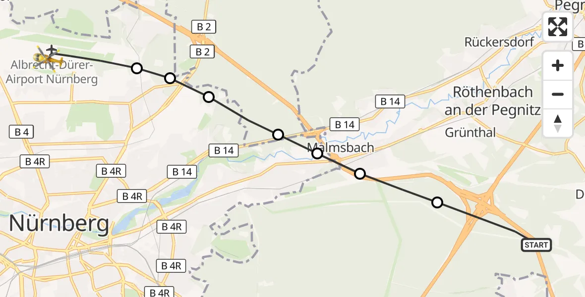 Flugroute Ambulanzhubschrauber Brunn - Flughafen Nuremberg, 25 März 2026, 10:54