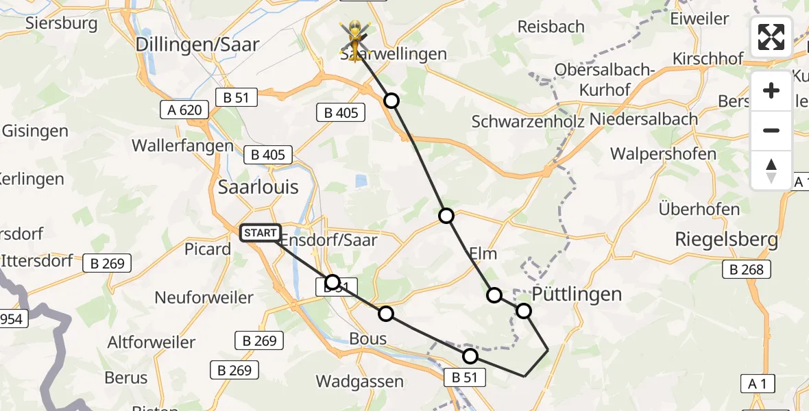 Flugroute Rettungshubschrauber Saarlouis - Saarwellingen, 25 März 2026, 10:56