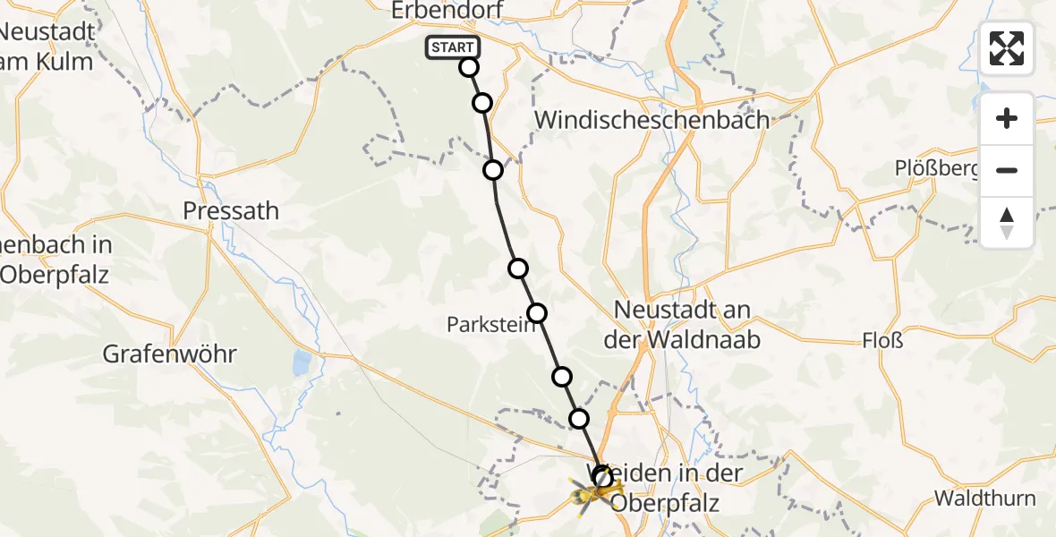 Flugroute Rettungshubschrauber Erbendorf - Weiden in der Oberpfalz, 25 März 2026, 11:04