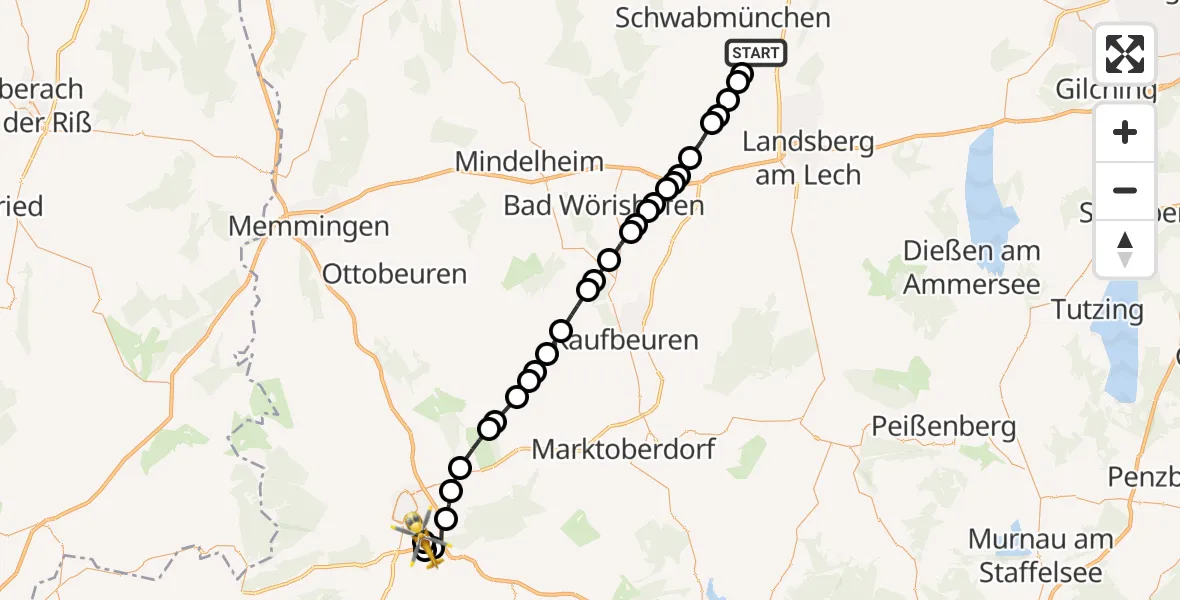 Routekaart van de vlucht: Rettungshubschrauber nach Kempten-Durach Flugplatz