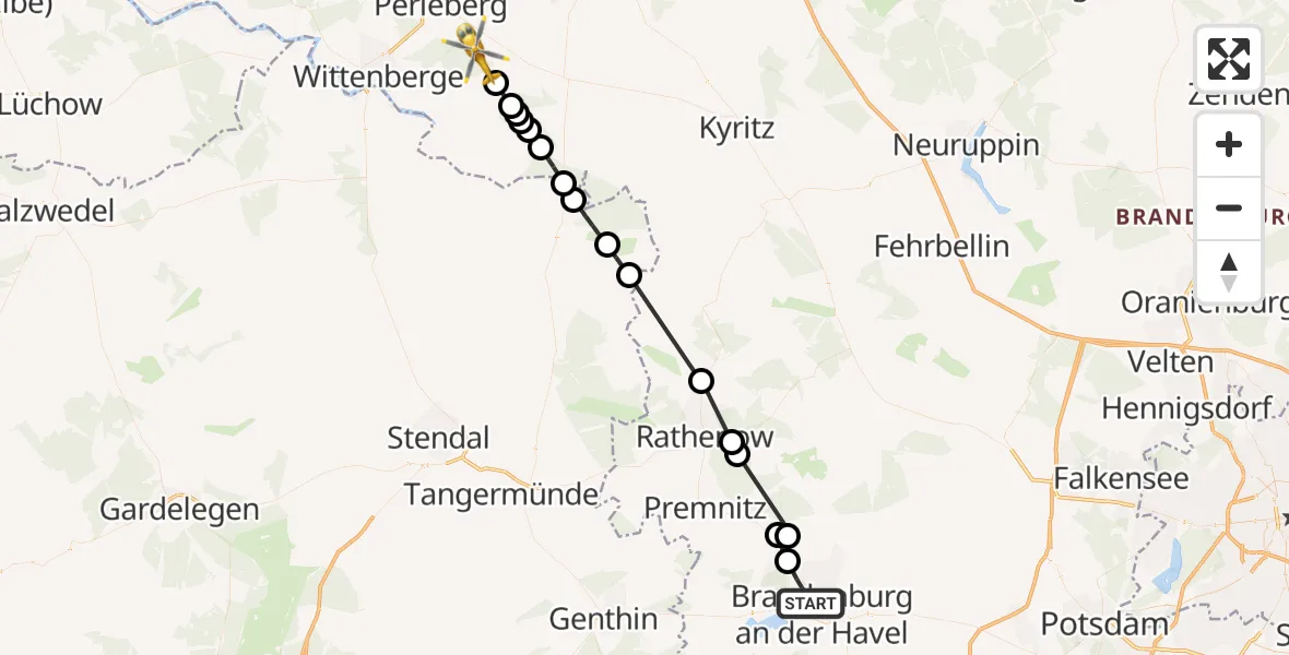 Flugroute Rettungshubschrauber Brandenburg an der Havel - Plattenburg, 25 März 2026, 11:09