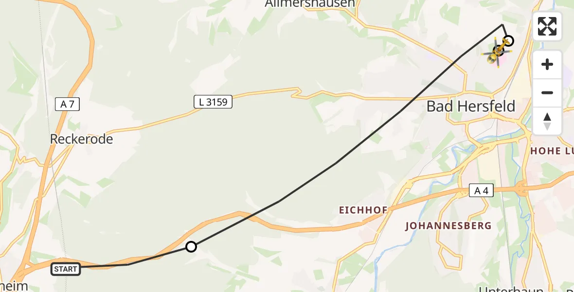Flugroute Rettungshubschrauber Kirchheim - Bad Hersfeld Hospital, 25 März 2026, 11:18