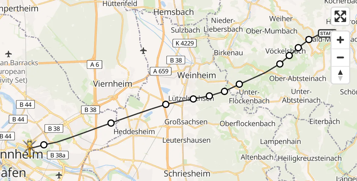 Routekaart van de vlucht: Rettungshubschrauber nach Neckarstadt-Ost/Wohlgelegen, Theodor-Kutzer-Ufer