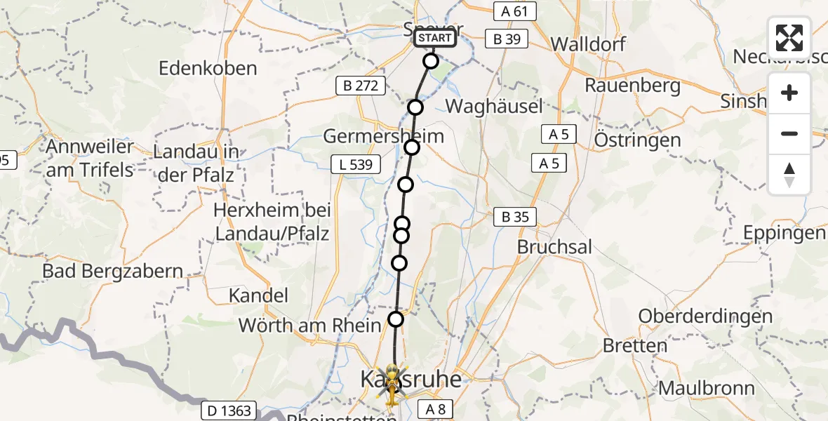Flugroute Rettungshubschrauber Speyer - Sankt Vincentius Hospital, 25 März 2026, 11:22