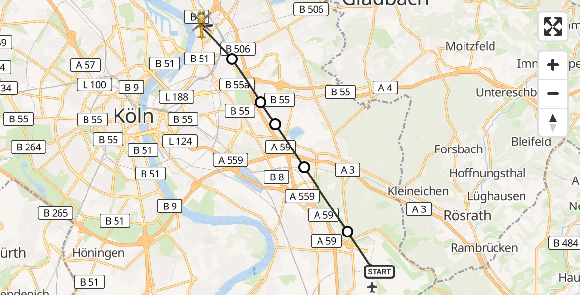 Flugroute Rettungshubschrauber Köln Bonn Flughafen - Mülheim, 25 März 2026, 11:22