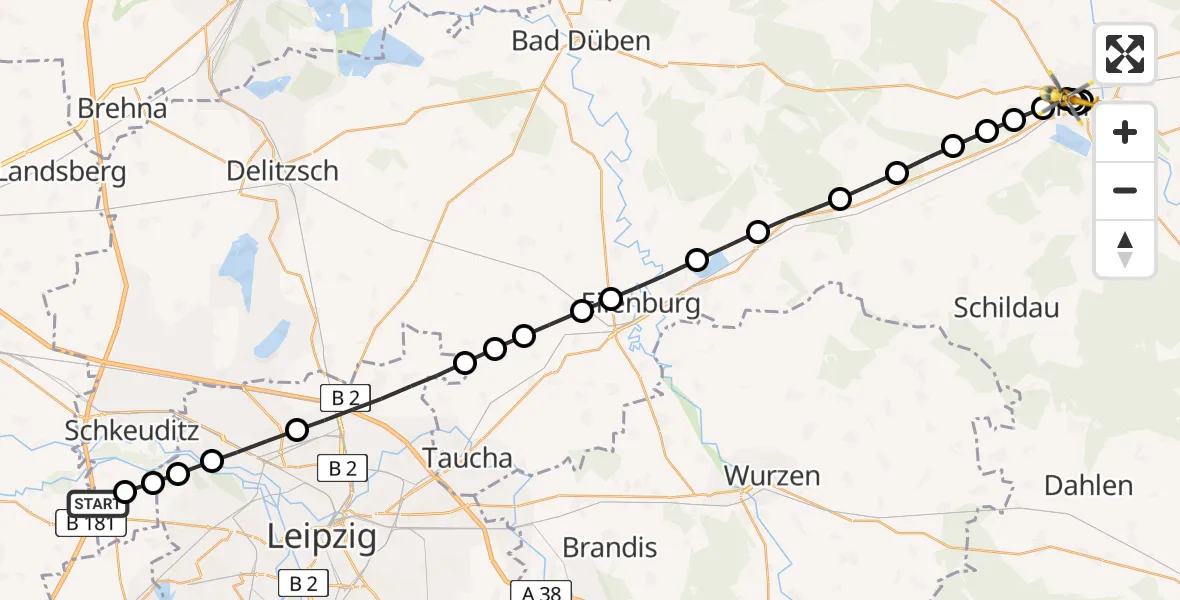 Flugroute Rettungshubschrauber Schkeuditz - Torgau District Hospital, 25 März 2026, 11:30