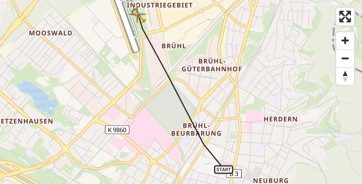 Flugroute Ambulanzhubschrauber Freiburg im Breisgau - Freiburg im Breisgau Flugplatz, 25 März 2026, 11:37