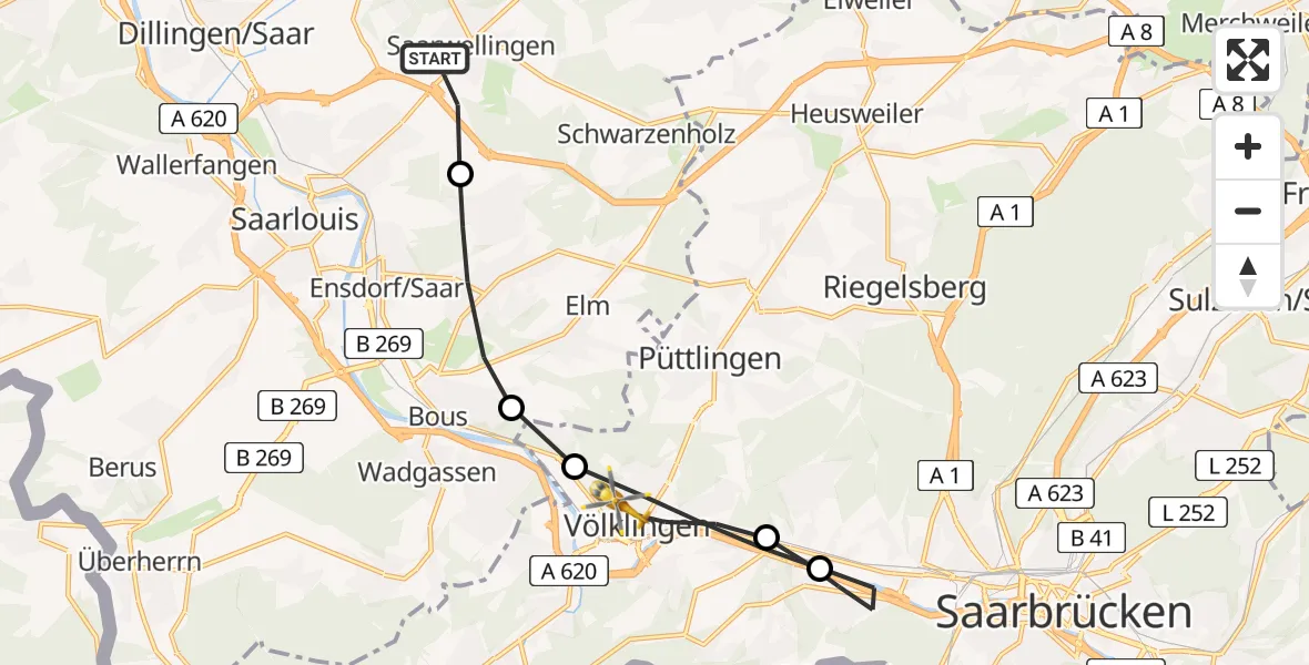 Flugroute Rettungshubschrauber Saarwellingen - Völklingen, 25 März 2026, 11:38