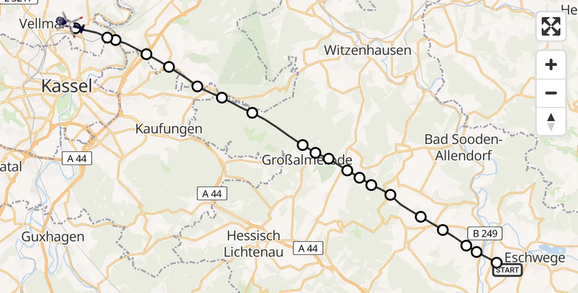 Routekaart van de vlucht: Polizeihubschrauber nach Fuldatal Bundespolizei Hubschrauberlandeplatz