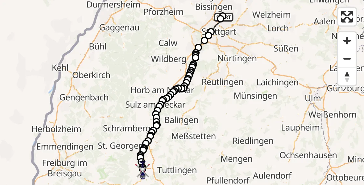 Flugroute Polizeihubschrauber Pattonville Flugplatz - Donaueschingen-Villingen Flugplatz, 25 März 2026, 11:43