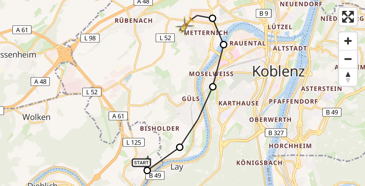 Flugroute Rettungshubschrauber Koblenz-Winningen Flugplatz - Koblenz, 25 März 2026, 11:46