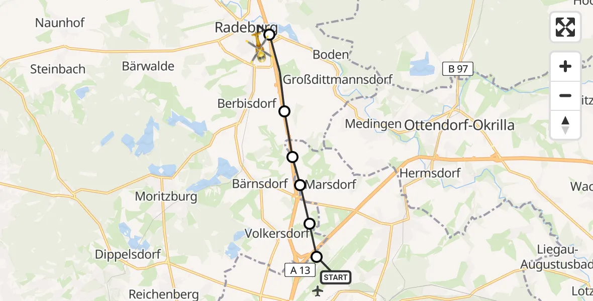 Flugroute Rettungshubschrauber Dresden Bundespolizei Hubschrauberlandeplatz - Radeburg, 25 März 2026, 11:51