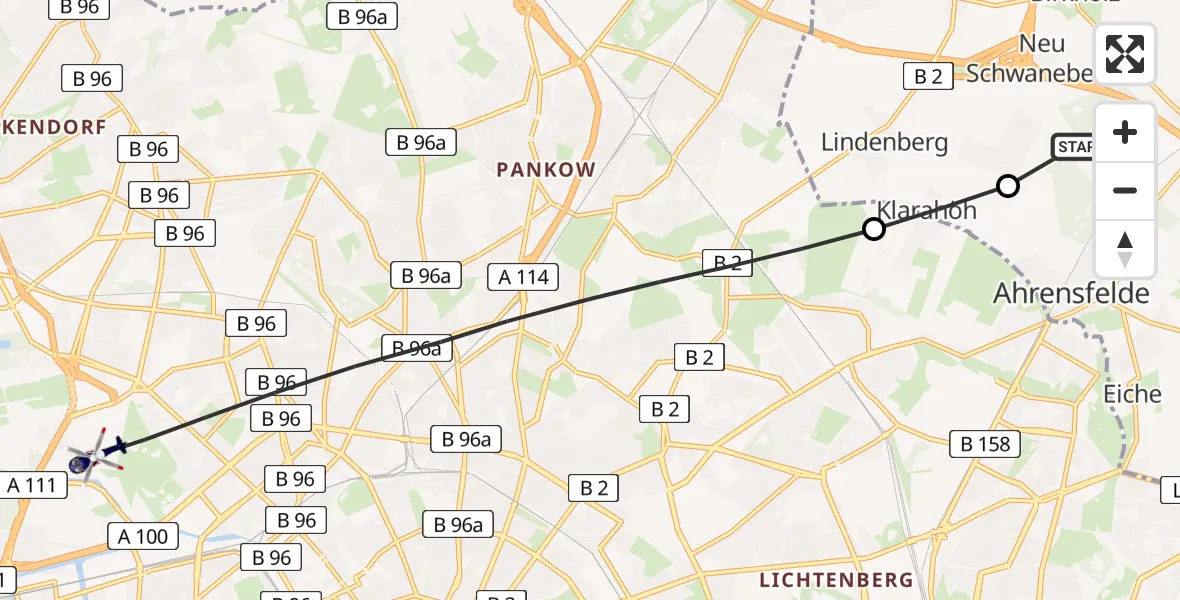 Routekaart van de vlucht: Polizeihubschrauber nach Berlin, Kurt-Schumacher-Damm