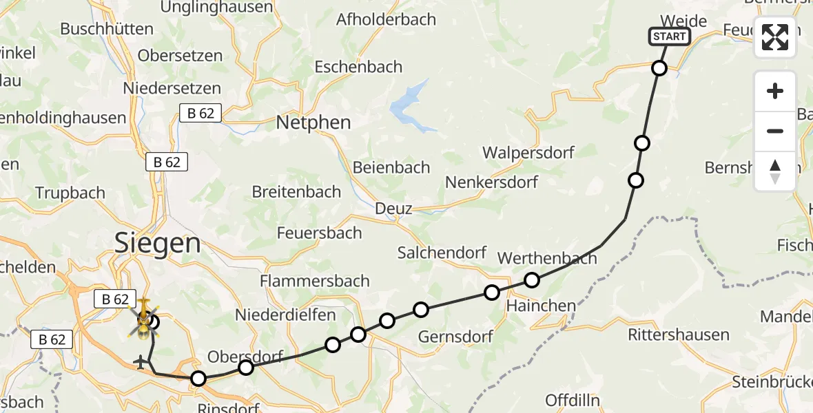 Flugroute Rettungshubschrauber Weide - Evangelisches Jung-Stilling Hospital, 25 März 2026, 11:55