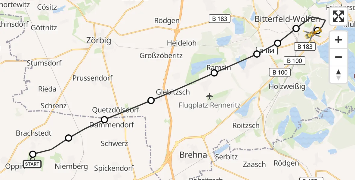 Flugroute Ambulanzhubschrauber Halle-Oppin Flugplatz - Bitterfield-Wolfen Health Center Hubschrauberlandeplatz, 25 März 2026, 11:59