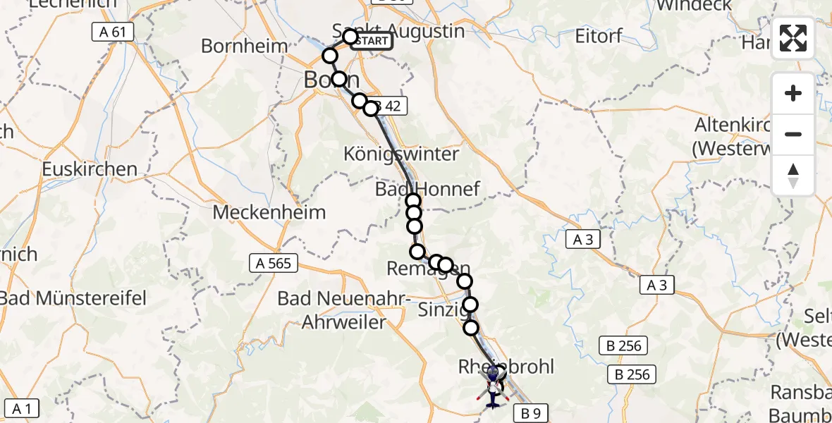 Flugroute Polizeihubschrauber Sankt Augustin - Niederlützingen, 25 März 2026, 12:03