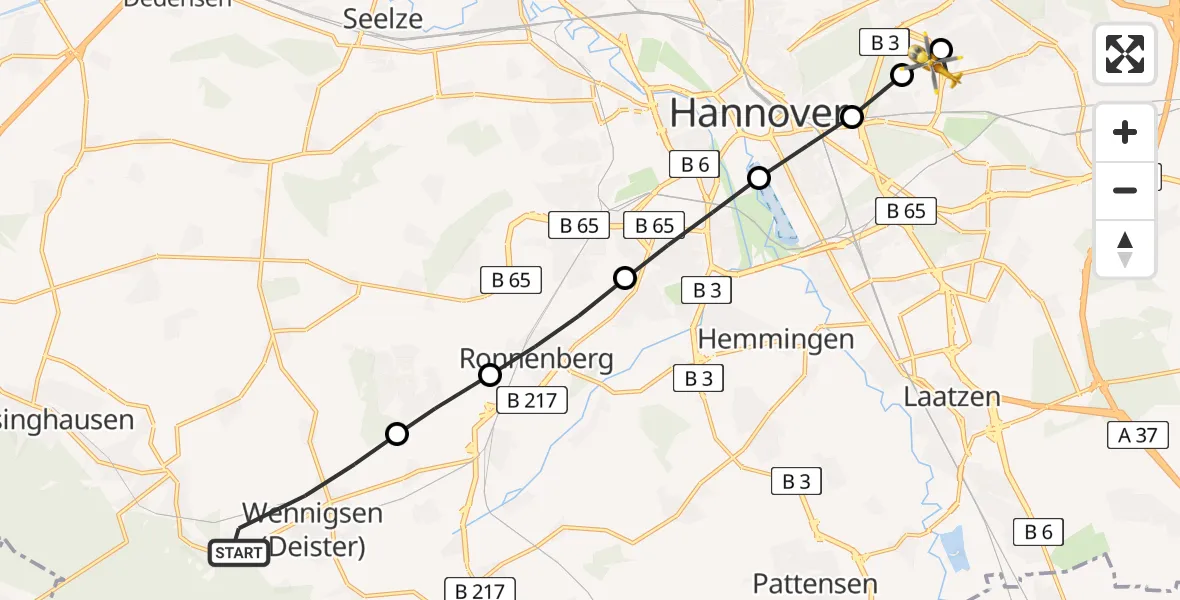 Routekaart van de vlucht: Rettungshubschrauber nach Hannover Luftrettung Hubschrauberlandeplatz (Christoph 4)