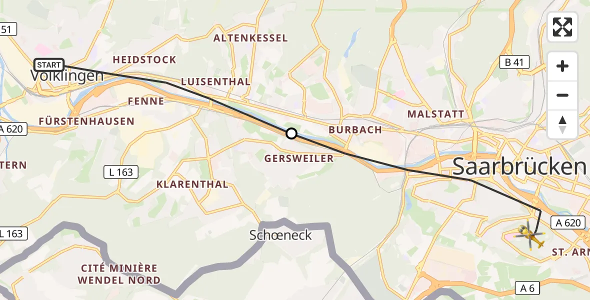 Flugroute Rettungshubschrauber Völklingen - Saarbrücken, 25 März 2026, 12:15