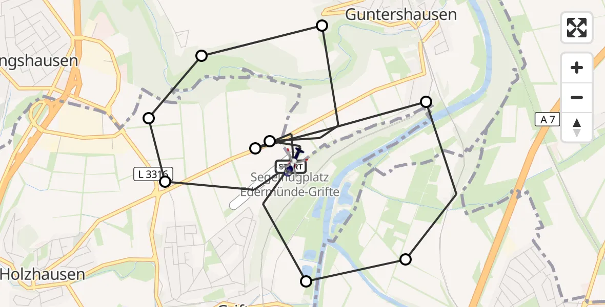 Flugroute Polizeihubschrauber Edermünde-Grifte Flugplatz - Edermünde-Grifte Flugplatz, 25 März 2026, 12:18