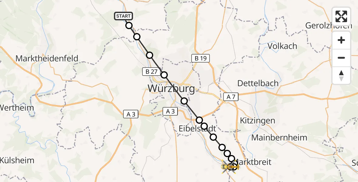 Flugroute Rettungshubschrauber Retzbach - Ochsenfurt Hospital, 25 März 2026, 12:31