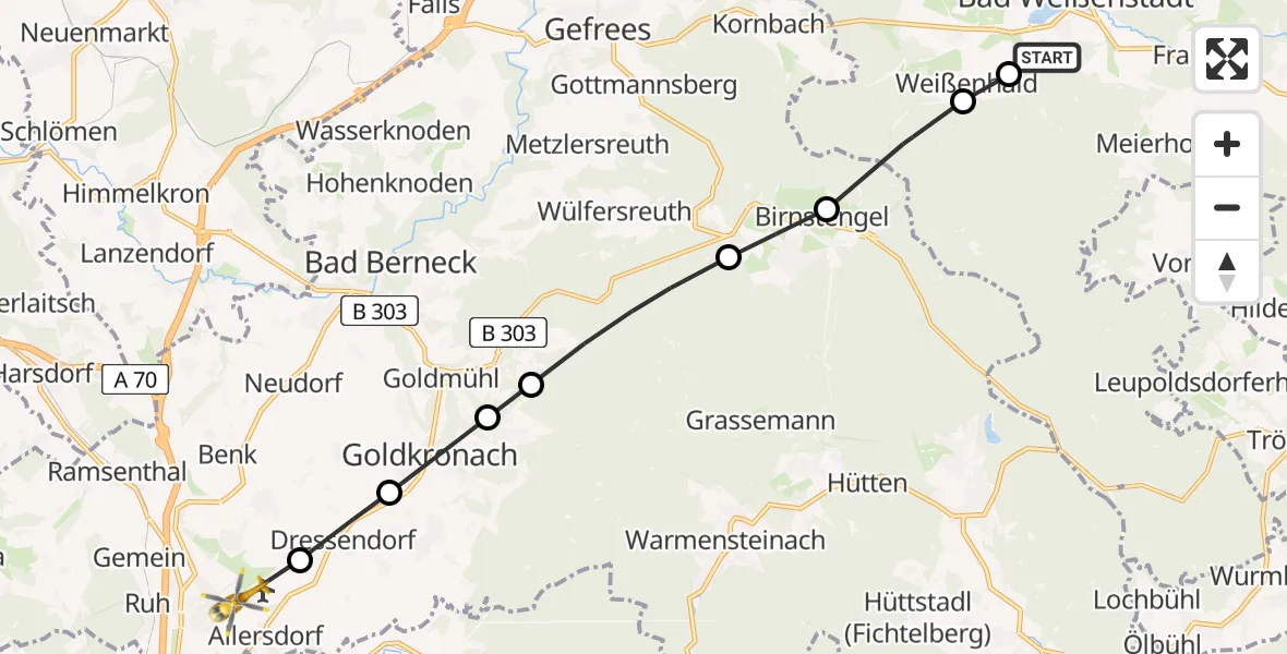 Flugroute Rettungshubschrauber Weiherhöfen - Bayreuth Flughafen, 25 März 2026, 12:31