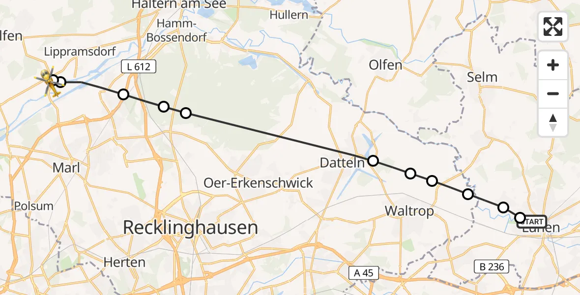 Flugroute Rettungshubschrauber Sankt Marien Hospital - Marl, 25 März 2026, 12:40