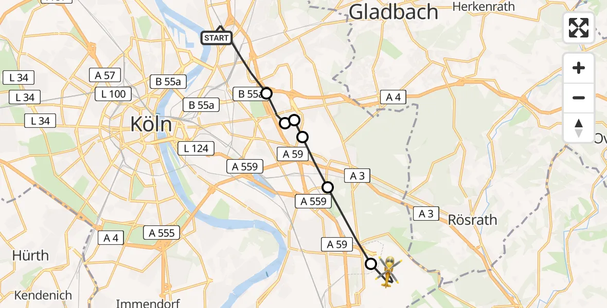 Flugroute Rettungshubschrauber Mülheim - Köln Bonn Flughafen, 25 März 2026, 12:40