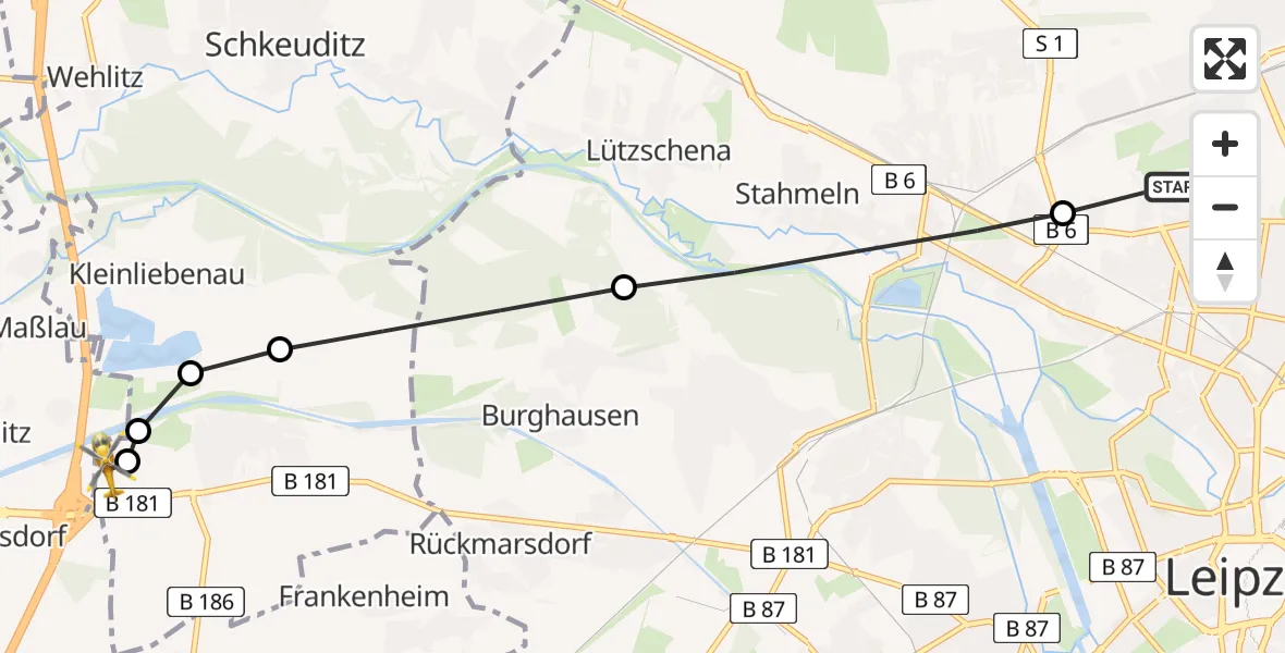 Routekaart van de vlucht: Rettungshubschrauber nach ADAC Air Rescue Station Leipzig/Schkeuditz-Dölzig Hubschrauberlandeplatz (Christoph 61)