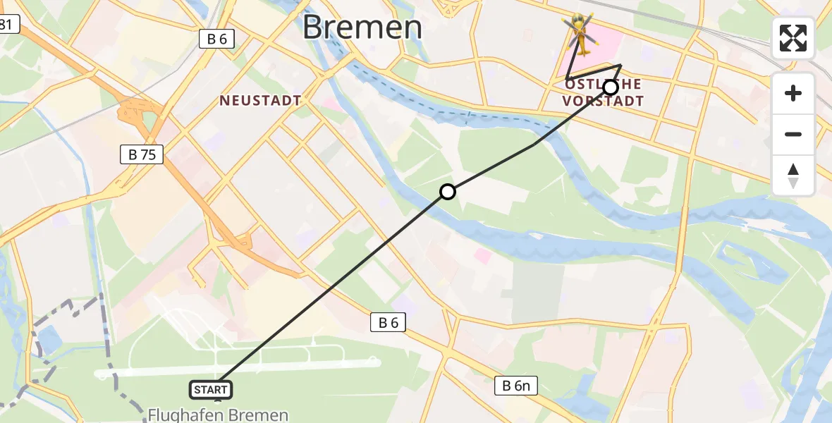 Flugroute Rettungshubschrauber Flughafen Bremen - Bremen-Ost, 25 März 2026, 12:47
