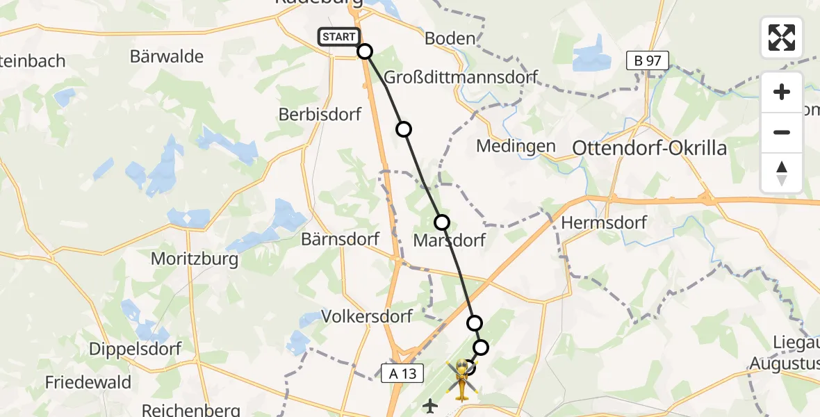 Flugroute Rettungshubschrauber Radeburg - Dresden Bundespolizei Hubschrauberlandeplatz, 25 März 2026, 12:48