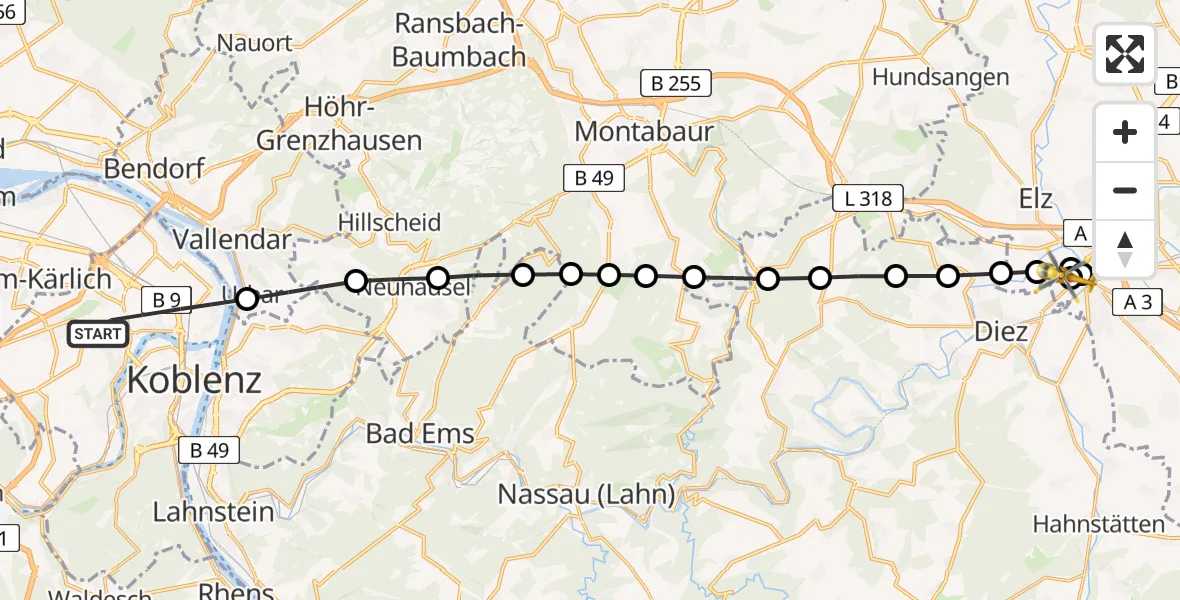 Flugroute Rettungshubschrauber Koblenz - Saint Vincent Hospital Limburg, 25 März 2026, 12:49
