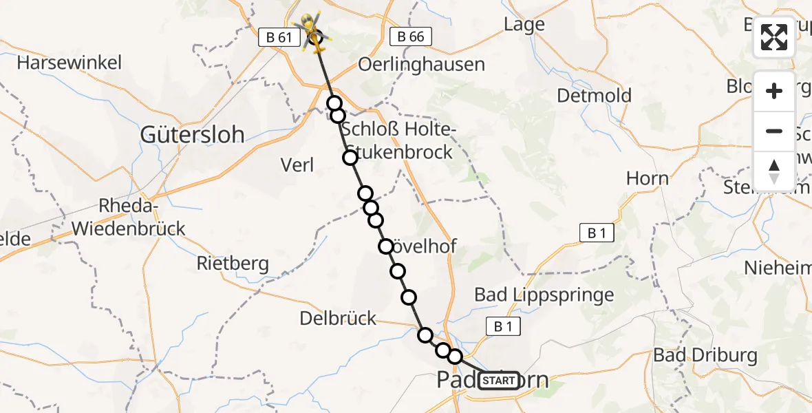 Routekaart van de vlucht: Rettungshubschrauber nach Luftrettungszentrum Bielefeld