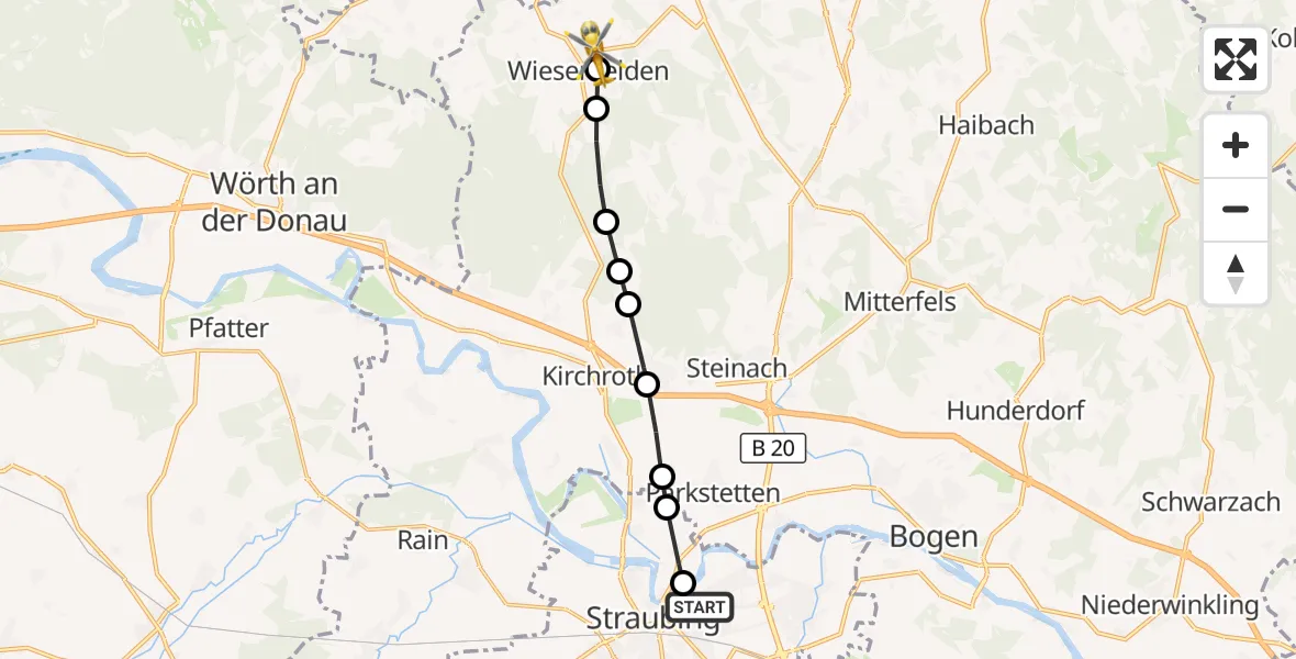 Flugroute Rettungshubschrauber Sankt Elisabeth Hospital Straubing - Bogenroith, 25 März 2026, 13:02