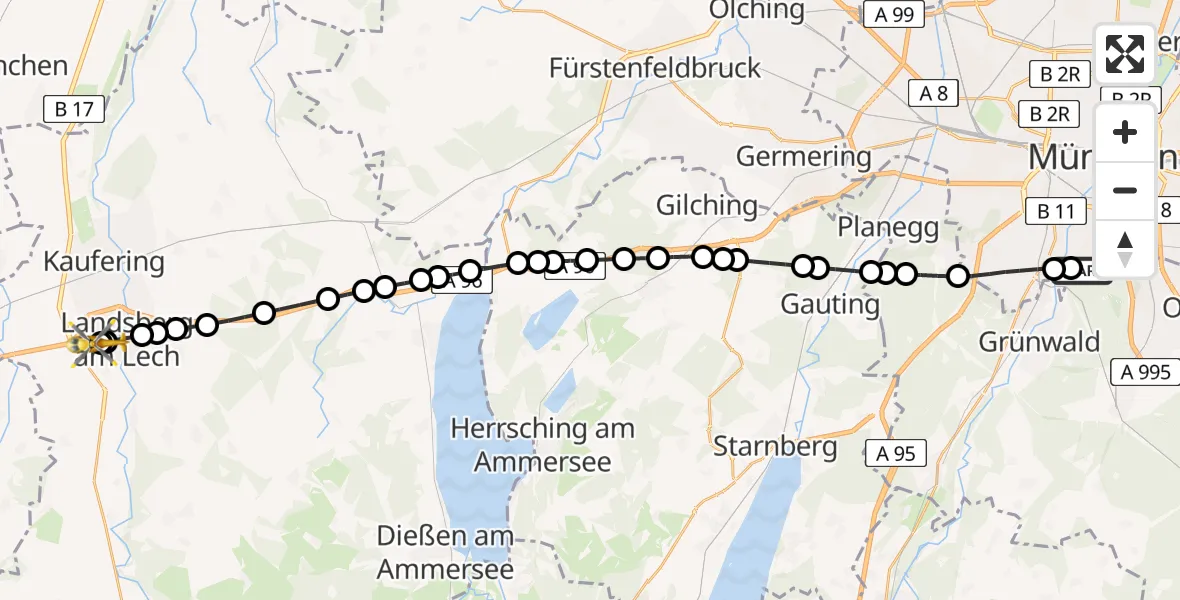 Routekaart van de vlucht: Rettungshubschrauber nach Landsberg am Lech Hospital