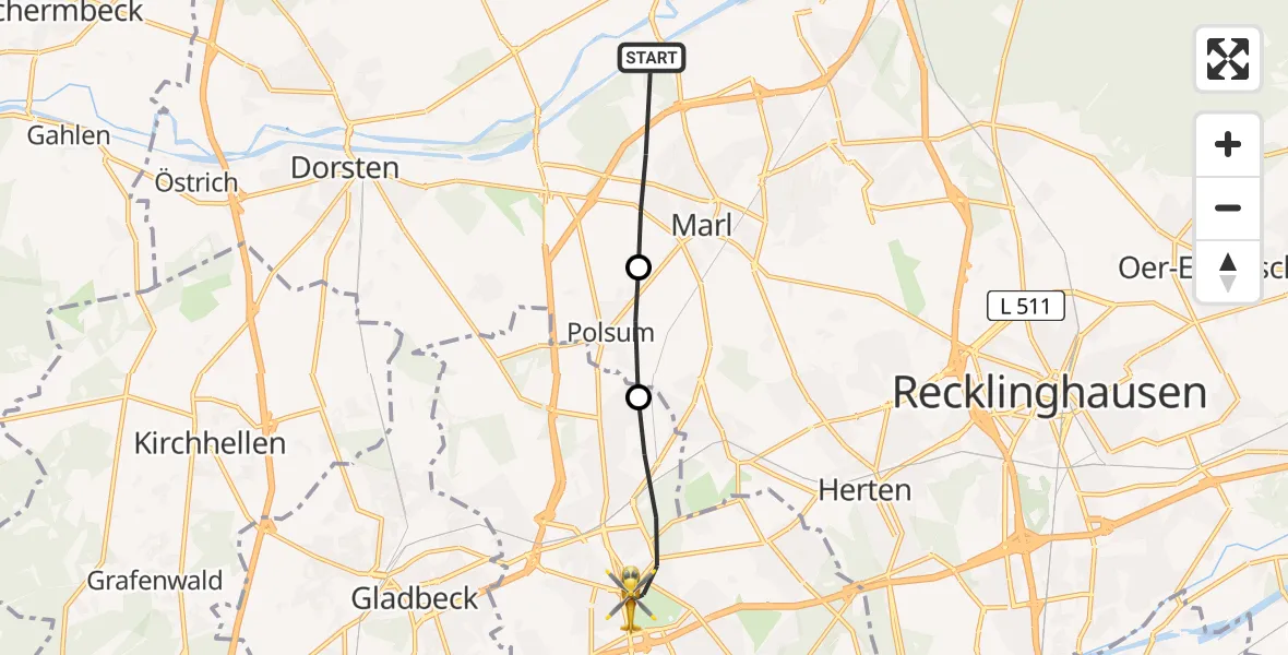 Flugroute Rettungshubschrauber Marl - Gelsenkirchen-Nord, 25 März 2026, 13:10