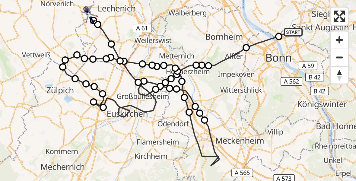 Flugroute Polizeihubschrauber Bonn - Pingsheim, 25 März 2026, 13:10
