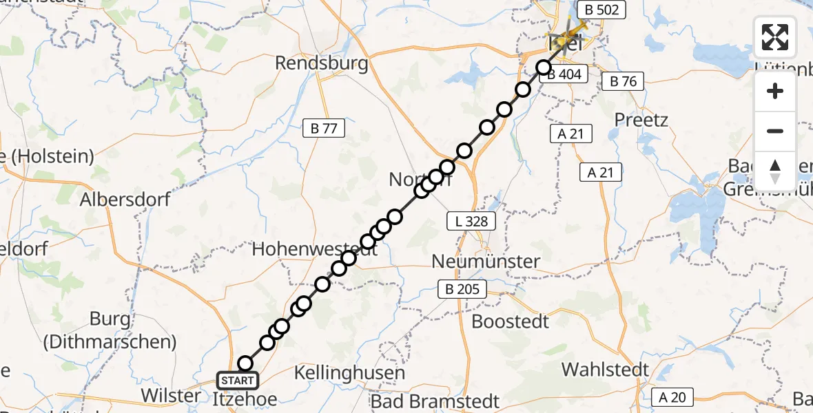 Flugroute Rettungshubschrauber Itzehoe - Kiel, 25 März 2026, 13:11