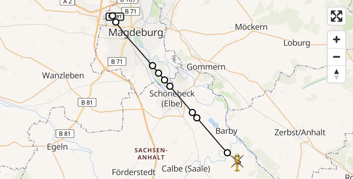 Flugroute Rettungshubschrauber Magdeburg Hospital - Groß Rosenburg, 25 März 2026, 13:13